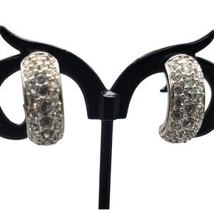 Swan Signed Swarovski Half Hoop Post Earrings Vintage Colorless Crystal Paved
